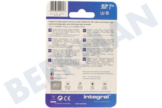 Integral INSDX128G-100V30 Hochgeschwindigkeits-SD-Karte 128 GB 100 MB/S SDHC/XC V30 UHS-I U3