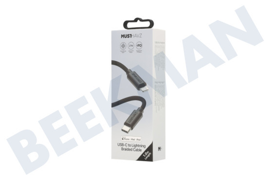 Musthavz  MHBRCABUSBLIGHTB Musthavz USB-C auf Lightning geflochtenes Kabel 1,0 Meter, schwarz